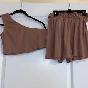 2 piece shorts and asymmetrical crop top